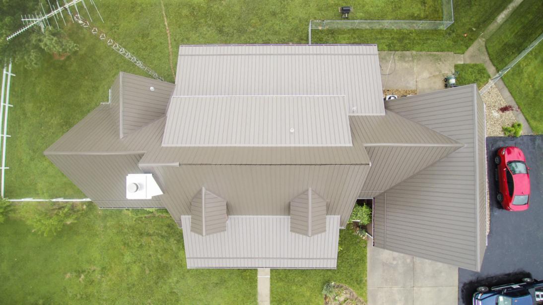 View of a metal roof by Superior Roofing from the top down.